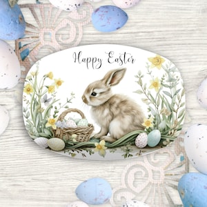 Happy Easter Bunny Serving Platter, Spring Floral Decorative Serving Tray