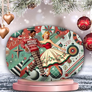 Plateau de service de Noël, couple métis de l&#39;âge atomique, plateau de vacances rétro kitsch des années 50, vaisselle de fête moderne du milieu du siècle
