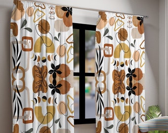 Boho Floral Abstract Mid Century Modern Window Curtains, White, Brown, Beige Bohemian Floral Blackout or Sheer Window Panel, Living Room