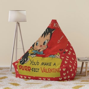 Vintage Retro Kitschy Kitty Valentine Bean Bag Chair Cover, You&#39;d Make a Purr-fect Valentine, Valentines Day Gifts for Teens and Adults