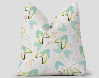 Mid Century Modern Atomic Boomerang Throw Pillow with Insert, Retro 50s Starburst Livingroom Cushion, Teal, Aqua Blue, Lime Accent Pillow