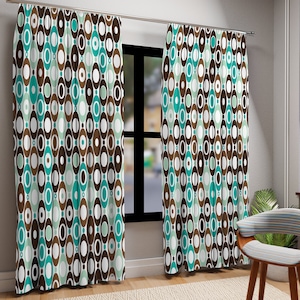 60s 70s Mid Century Modern Window Curtains, Aqua Brown Teal Geometric Circles Retro, Groovy Hippie Living Decor, Sheer, Blackout Curtains