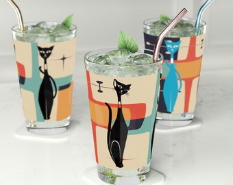 Atomic Kitschy Cat Pint Glass, 16oz Mid Century Modern Geometric Starburst Beer Glass, Retro Shaker Glass, Beer Glassware Gifts