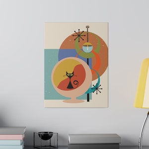 Arte de pared de lienzo Atomic Cat Sputnik, arte de lienzo estirado ecológico retro moderno de mediados de siglo