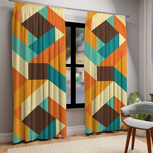 Mid Century Modern Geometric Abstract Window Curtain, Turquoise, Orange, Yellow, Brown, Living Room, Bedroom, Blackout-Sheer Window Panel