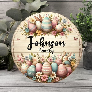 Personalized Easter Door Hanger, Custom Easter Bunny Wooden Door Sign, Farmhouse Rustic Family Front Door Decor, Welcome Spring Wreath