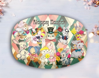 Plateau vintage kitsch de lapin de Pâques, plateau de service festif d'art de carte de vacances rétro