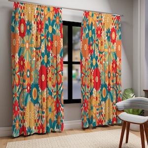 Groovy Retro Floral Mid Century Modern Window Curtain, Burnt Orange, Yellow, Teal, Hippie Mid Mod Window Panel, Livingroom, Bedroom Decor