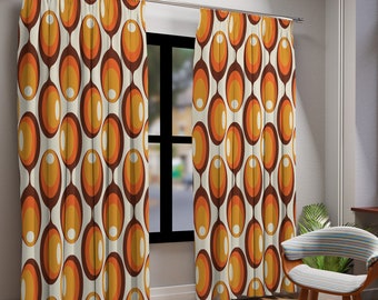Window Curtains In Mid Century Modern Geometric Groovy Orbs, Custom Designed Retro 70s Window Panel, Sheer & Blackout MCM Window Panel Gifts