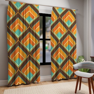 50s Retro Groovy Window Curtain, Geometric Orange, Turquoise, Ivory, Brown Curtain Panels, Mid Mod Blackout, Sheer Window Treatments