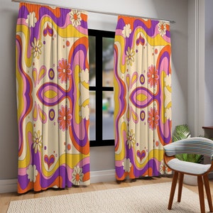 70s Groovy Hippie Flower Power Window Curtains, Retro Wavy Mid Century Modern Floral Curtain Panels, MCM Living Room, Bedroom Decor
