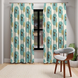 Mid Century Modern Aqua Window Curtains, 1950s Atomic Abstract Blackout or Sheer Curtain Panel, Retro Geometric Living Room Decor, MCM Decor