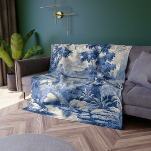 Chinoiserie Pagoda Floral Crushed Velvet Blanket, Country Farmhouse, Grandmillenial, Rustic Chic Living Room, Bedroom Decor - 122381123