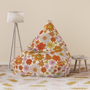 Retro 70s Hippie Chic Flower Power Bean Bag Chair Cover for Teens and Adults, Perfect for Game Room or Lounge, Mid Century Modern Home Decor