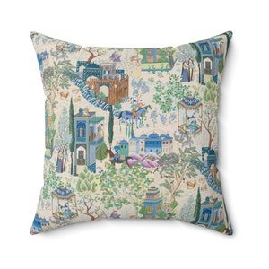 Toile De Jouy Throw Pillow with Insert, Vintage Blue, Green Floral Print, Asian Country Scene, Characters on Horseback, Rustic Chic Decor