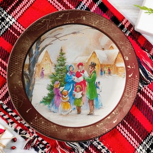 Vintage Christmas Carol Scene Dinner Plate-Brown, Holiday Dinner Plate, Decorative 10 Inch Dinnerware Set, Thermosaf Plate, 10 Inch Plates