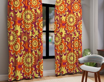 レトロな花柄パネルカーテン、オレンジ色の花柄遮光カーテンパネル、70