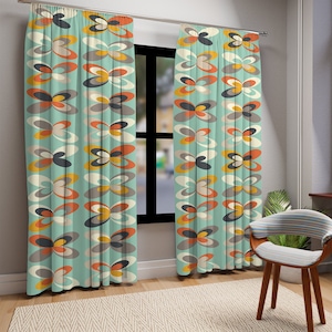 Mid Century Modern Retro Daisy Window Curtains, Livingroom, Bedroom, Sheer, Blackout Geometric Floral Curtain Panels, MCM Home Décor Gifts