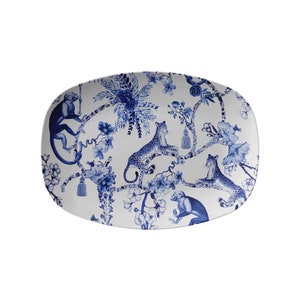 Chinoiserie Botanical Toile Platter, Navy Blue White Chinoiserie Dinnerware Serving Dishes, Oven Microwave Dishwasher Safe Grilling Plate
