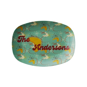 Custom Family Name Serving Platter, Grilling Plate in Mid Century Modern Boomerang, Personalized Atomic Retro 1950s Dinnerware Wedding Gift