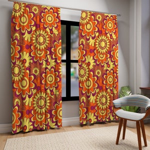 Window Curtains in Mid Century Modern Groovy Hippie Retro 60s, 70s Flower Power, MCM Burnt Orange Floral Blackout or Sheer Curtain Panel