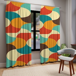 Retro Geometric Window Curtains: Mid Century Modern Style, Turquoise & Orange