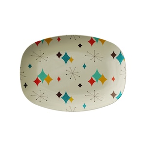 Halverwege de eeuw moderne atomaire diamanten Starburst-schaal, retrobeige, oranje, blauwgroen, mosterdgeel servies, jaren 50/60 MCM keukengerei cadeaus