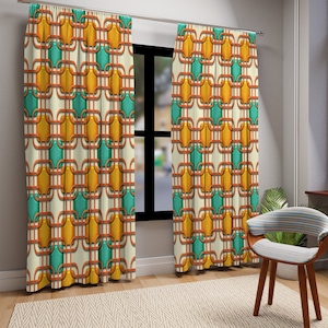 Jaren 50 retro moderne geometrische gordijnen uit het midden van de eeuw, verduisterend of transparant aquablauw, mosterdgeel, beige MCM-raampanelen