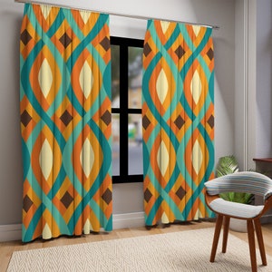 Mid Century Modern Retro Geometric Swirl Window Curtain, Turquoise, Orange, Yellow, Brown, Living Room, Bedroom, Blackout-Sheer Window Panel