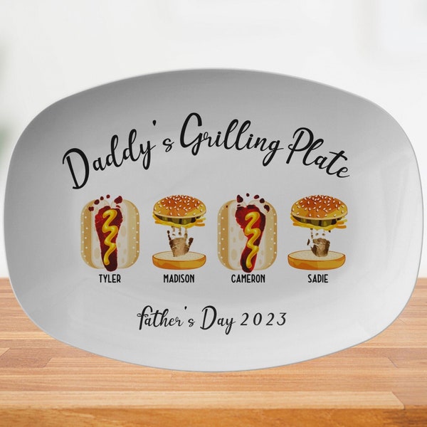 Personalized Handprint and Footprint Grilling Plate with Burger, Hot Dog, Custom Father's Day Gift from Kids, Memorable Heirloom Keepsake