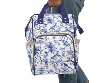 Floral Blue and White Chinoiserie Jungle Multifunctional Backpack, Diaper Bag, Weekender Bag, Carry-on Luggage Bag, Multipurpose Backpack