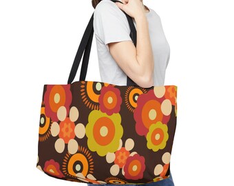 Groovy 60s Hippie Boho Weekender Tote Bag, Retro 70s Flower Power Carry All Tote, Funky Mid Mod Beach Bag, Picnic Tote Bag,