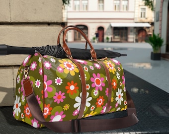 Groovy Hippie Daisy Flower Power Travel Bag, MCM Retro 70s Duffel Bag, Funky Mid Mod Daisy Leather, Fabric Carry on Bag