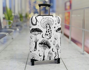 Mystical Mushroom Cottagecore Luggage Cover, Hippie Groovy, Boho Luggage Protector, Mid Century Modern Carry on luggage Wrap, Travel Gift