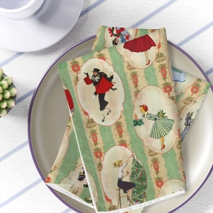 Set of 4 Vintage 1950s Christmas Napkins, Mid Century Modern Retro Green, Red, Women, Ladies, Housewives Holiday Table Linens - 122681223