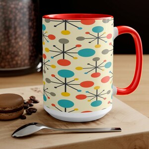 50s Mid Century Modern Atomic Starburst, Yellow, Teal Blue, Burnt Orange Two-Tone 15oz Accent Coffee Mug