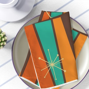 1950s Vintage Style Set of 4 Cloth Dinner Napkins, Retro Groovy Mid Century Modern Geometric Table Linens, Burnt Orange, Teal MCM Tablescape