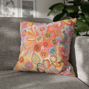 Vintage Vintage Flower Power Kissenbezug, 70s Mid Mod Hippie Chic Kissenbezug mit Orange, Gelb und Blau Farbpalette