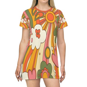 Retro Groovy Hippie 70s Sunburst T-Shirt Dress in Mid Century Modern Burnt Orange, Mustard Yellow, Green, Summer Party Dress, Hippie Gifts