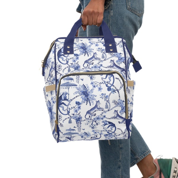 Floral Blue and White Chinoiserie Jungle Multifunctional Backpack, Diaper Bag, Weekender Bag, Carry-on Luggage Bag, Multipurpose Backpack