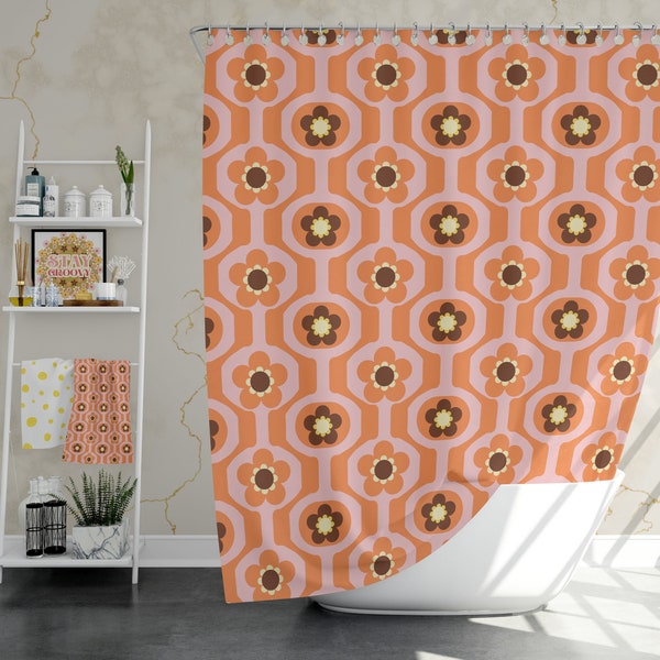 Shower Curtain with Retro Mid Century Mod Floral Design, Bohemian Vintage Floral Bathroom Curtains Gifts, Vintage Style Bath Curtains