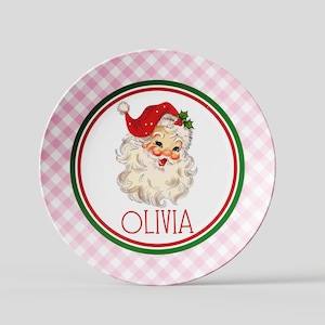Gepersonaliseerde Vintage Santa Pink Gingham Plate, Kids Holiday Dinnerware, Cookie Plates, kerstcadeaus voor kinderen