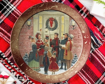Plato llano vintage marrón con escena de villancicos navideños, plato navideño, vajilla decorativa de 25 cm, plato festivo, plato de 25 cm