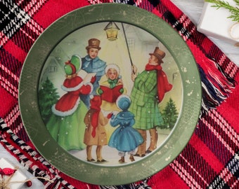 Plato llano vintage verde con villancicos navideños, plato navideño, vajilla decorativa de 25 cm, plato festivo, plato de 25 cm