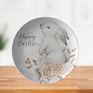 Happy Easter, Spring Bunny Dinner Plate, Custom Spring Easter Dinnerware, Decorative Kitchenware, Floral Easter Bunny Dishes