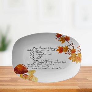 Fall Mushrooms Handwritten Recipe Platter, Personalized Handwriting Recipe Card Plate Keepsake, Family Heirloom Recipes, Mom, Grandma Gift