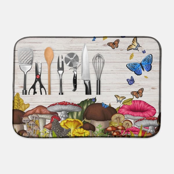 Tapis de séchage de vaisselle Cottagecore forêt de champignons, décoration de cuisine champignon vénéneux, tapis de vaisselle personnalisé, tapis de vaisselle absorbant Goblincore, cadeaux de fête des mères