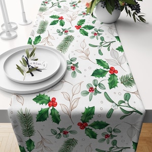 Holiday Table Runner, Christmas Table Runner, Evergreen and Holly Berries Table Linens, Farmhouse Table Decor,  Holiday Party Tabletop Decor