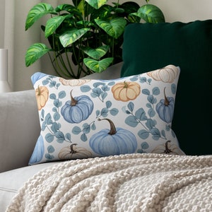Blue Pumpkin Lumbar Pillows - Floral Fall Cushions for Autumn Decor, Country Farmhouse Thanksgiving Decor