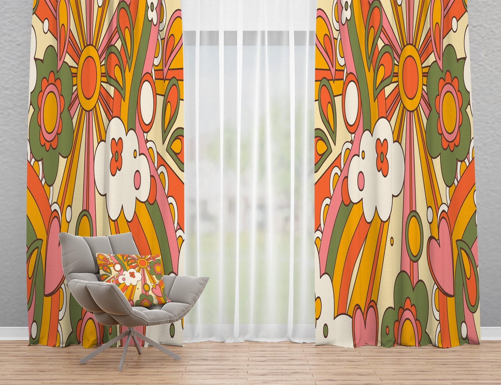 70s Display Window Window Curtains in Mid Century Modern Retro Groovy Hippie 70s Sunburst ...